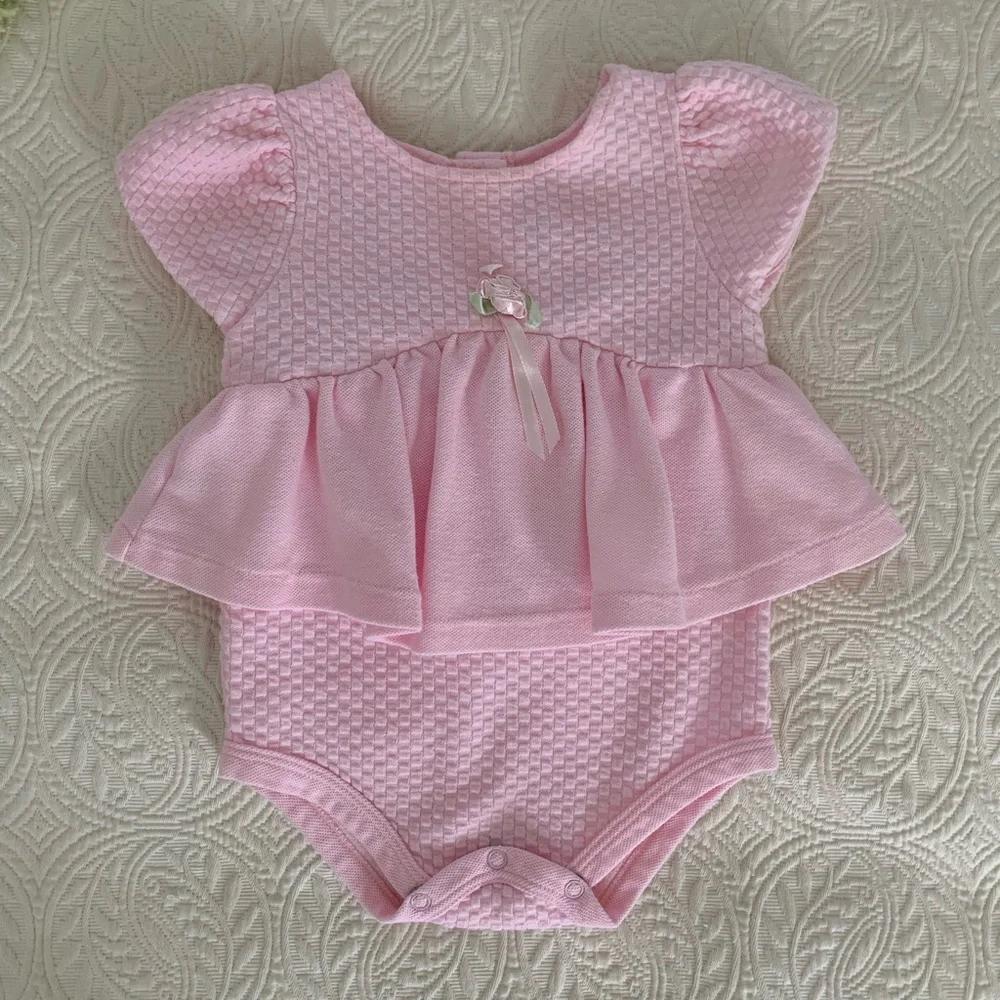 Vintage 90s Pants Set Girls 6-9M Pink 2 PC Skirted Bodysuit Outfit Textured Rose